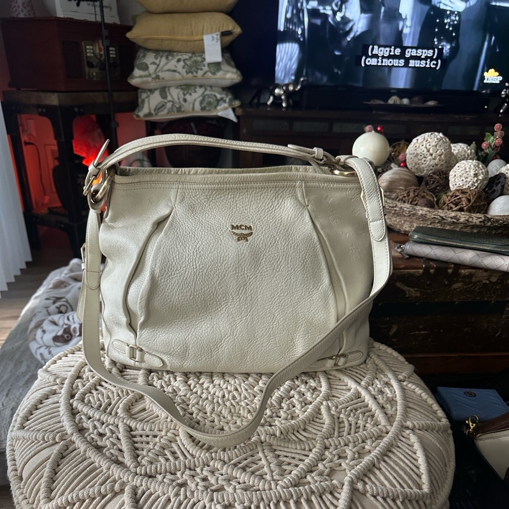 MCM Cream Hobo Bag with Gold Accents